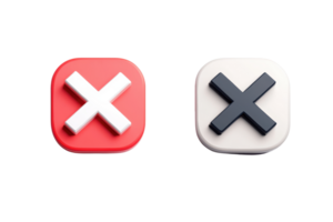 Close icons with cross symbol in 3D style, isolated on a transparent background. One is on a red square, and the other is on a white square. png