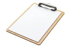 Wooden clipboard with blank white paper, isolated on transparent background. Perfect for office, school, or project planning use. png