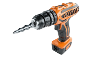 High-quality cordless electric drill with orange and black design, ideal for professional and DIY projects, showcasing a sharp drill bit. png