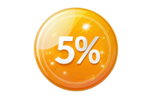 Shiny orange button with a 5 percent discount symbol, representing a sale or a promotional offer, isolated on a transparent background. png