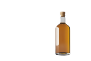 Glass bottle with amber liquid and cork against transparent background. Ideal for drinks, beverages, and bar-related uses. png