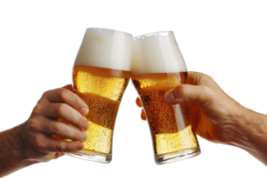 Two hands holding beer glasses, clinking together in a celebratory toast with frothy golden beer on a transparent background. png
