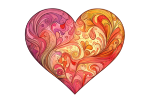 Colorful abstract heart illustration with intricate swirls and patterns, vibrant hues perfect for romantic or artistic design elements. png