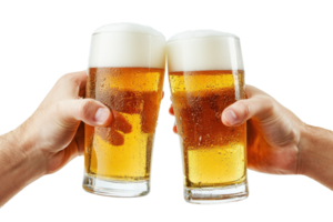 Two hands toasting with tall glasses of beer, isolated on transparent background. perfect for celebrating special moments or social gatherings. png