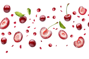 Fresh cherries and cherry slices with leaves, isolated on a transparent background. Perfect for food blogs, magazines, and design projects. png