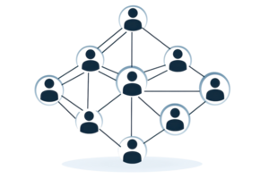 Illustration of interconnected people symbolizing social network, teamwork, communication, and collaboration in a digital structure. png