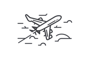 illustration of an airplane in flight, clouds in the background, representing travel, aviation, and journey. Monochrome line art. png