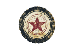 Vintage distressed round star emblem with a red star in the center, weathered and rustic, ideal for retro designs and projects. png
