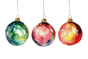 Watercolor Christmas ornaments in green, red, with artistic texture and hooks, perfect for holiday decoration themes. png