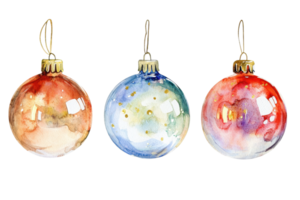 Watercolor Christmas ornaments in vibrant colors, perfect for holiday decorations and festive designs. Isolated on a transparent background. png