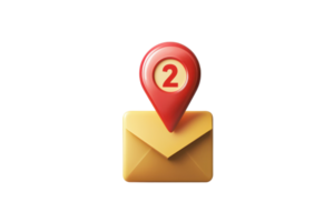 Email notification symbol with a red location pin and the number two on an envelope, representing new messages or alerts. png
