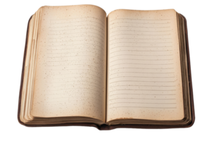 Vintage open book with blank lined pages, perfect for journaling, writing, or note-taking. High-resolution image with a rustic, nostalgic feel. png