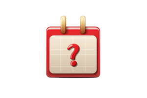 Red calendar icon with question mark, symbolizing unknown or uncertain date, schedule, event, appointment, or deadline. png