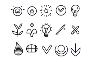 Set of minimalistic line icons representing various concepts like sustainability, idea, growth, success, and technology, against a transparent background. png