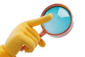 Yellow gloved hand pointing with a magnifying glass, the image signifies search, inspection, discovery, or investigation. png