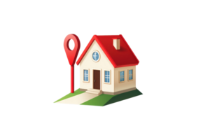 Illustration of a house with a red roof and a location pin beside it, symbolizing GPS, navigation, home location, or real estate. png