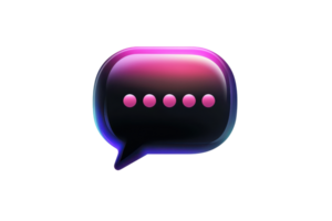 Neon-colored 3D chat bubble icon with five dots on a transparent background. Perfect for technology, communication, and social media concepts. png