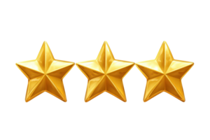 Three golden stars isolated on a transparent background, representing excellence, achievement, or high-quality rating. png