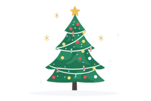 Festive Christmas tree decorated with colorful ornaments and a star on top, surrounded by snowflakes, evoking holiday cheer and winter wonder. png