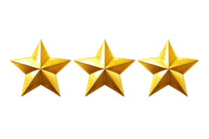 Three golden stars aligned in a row, symbolizing excellence, quality, and achievement on a transparent background. png