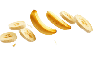 A fresh banana sliced into pieces, showcasing the vibrant yellow color and texture. Perfect for healthy eating and fruit-related concepts. png