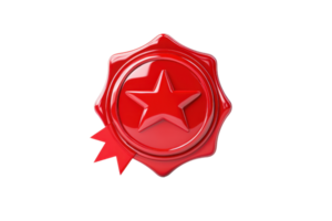 Elegant red wax seal with a star emblem and ribbon, symbolizing approval, quality, or certification. Perfect for authenticity labels. png