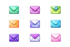 Colorful set of envelope icons, perfect for email, messaging, or communication designs in various vibrant colors. Ideal for digital applications. png