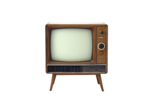 Vintage wooden TV with dials and antenna on four legs against transparent background. representing retro technology and nostalgia. png