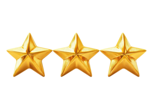 Three shiny golden stars aligned in a straight line on a transparent background, ideal for design use and rating purposes. png