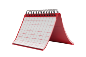 Red table calendar with blank grid pages, open and standing. Isolated on transparent background. for scheduling or planning purposes. png