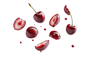 Fresh and juicy cherry halves and whole cherries isolated on transparent background. Perfect for food and beverage design. png