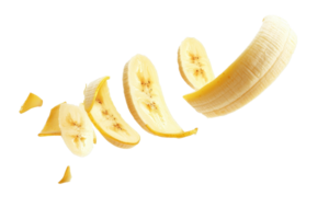 Sliced banana in mid-air, showing fresh, ripe fruit sections separated on a transparent background. Perfect for health, diet, and food-themed visual content. png