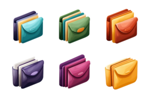 Colorful set of folders in different vibrant hues, neatly organized and designed in an illustrative style on a transparent background. png