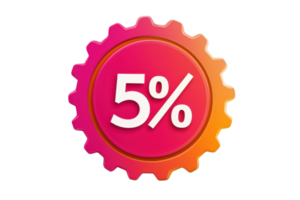 Bright badge with 5 percent discount text. Ideal for promotions, sales, and marketing material. Gradient color scheme. High-quality stock image. png