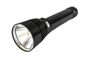 Close-up image of a black flashlight with a modern design, shown isolated against a transparent background. png