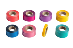 Colorful rolls of adhesive tape in various shades on a transparent background. Perfect for crafting, office use, and DIY projects. png