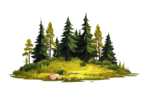 A serene forest landscape with lush greenery, tall trees, and rocks. Perfect for nature and outdoor-themed projects or backgrounds. png