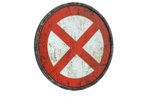 A weathered, vintage no entry traffic sign with a red X symbol against a white background, isolated on a transparent background. png
