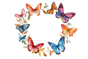 A vibrant watercolor butterfly wreath with colorful butterflies and green leaves, perfect for spring and summer designs. png