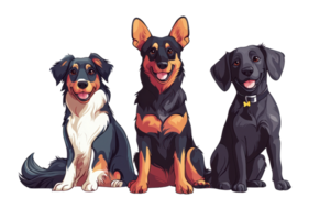 Illustration of three cute dogs sitting side by side, featuring different breeds. Perfect for pet, animal, and canine-themed designs. png