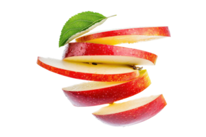 Fresh red apple sliced in spiral, with green leaf on top, isolated on transparent background. showcasing vibrant colors and freshness. png