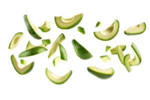 Fresh green avocado slices scattered on a transparent background. showcasing a healthy and nutritious snack or ingredient in recipes. png