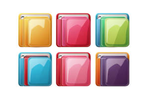 Colorful glossy square icons with vibrant gradients and reflections, perfect for web or app design, showcasing modern and sleek style. png