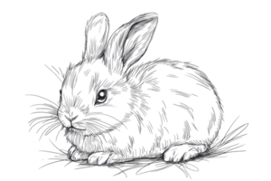 A whimsical black and white sketch of a cute bunny rabbit, lying down in a cozy and relaxed pose. Perfect for children's books and art projects. png