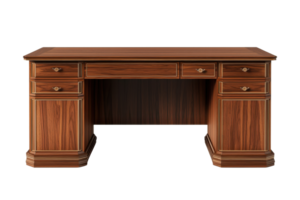 Elegant wooden desk with multiple drawers and a classic design. Ideal for an office or home workspace. png