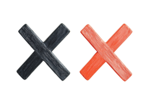 Close-up of two wooden X marks in black and red. Concept of rejection, error, or incorrect. Isolated on transparent background. png
