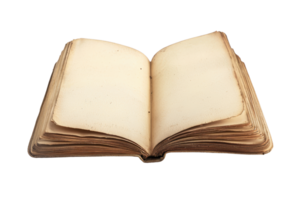 A vintage open book with blank pages, isolated on a transparent background. Perfect for education, literature, and history stock photo needs. png