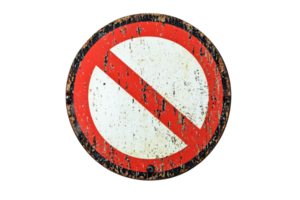 Rustic traffic prohibition sign on transparent background. weathered and showing signs of age. Symbol for no entry, restriction, and forbidden areas. png