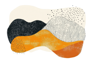Abstract modern art composition with organic shapes and minimalistic design in black, white, orange, and beige colors. png