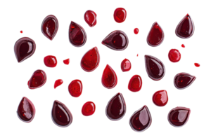 Assorted red water drops on a transparent background. Abstract image showcasing various sizes and shapes of red water droplets. png